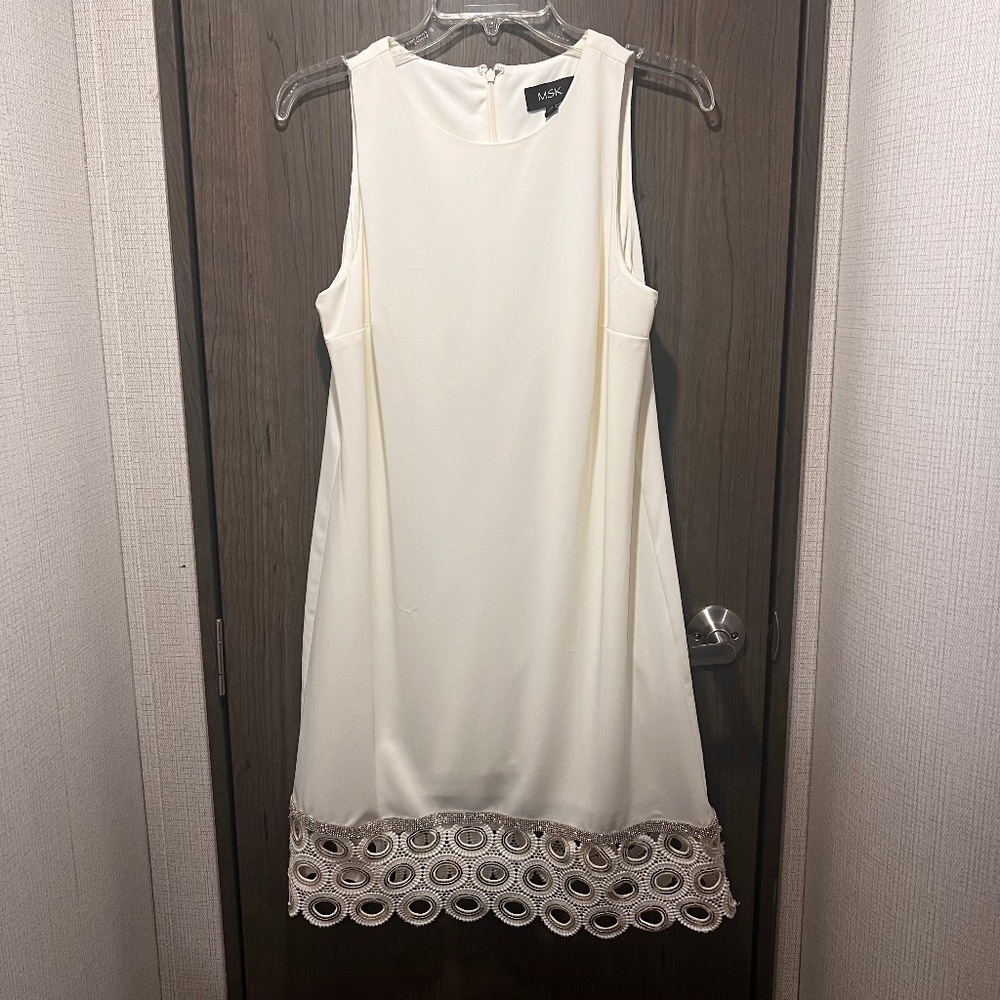 MSK White Shift Dress Sequin Lace Hem Size S